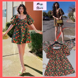 Váy babydoll hoa nhí tay bồng , đầm dáng xoè tiểu thư