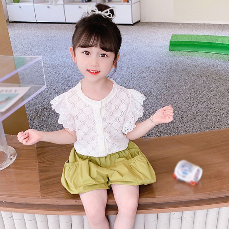 Bộ Áo Ren Tay Bay + Quần Bí Ngô Dễ Thương Thời Trang Mùa Hè Phong Cách Hàn Quốc Cho Bé Gái