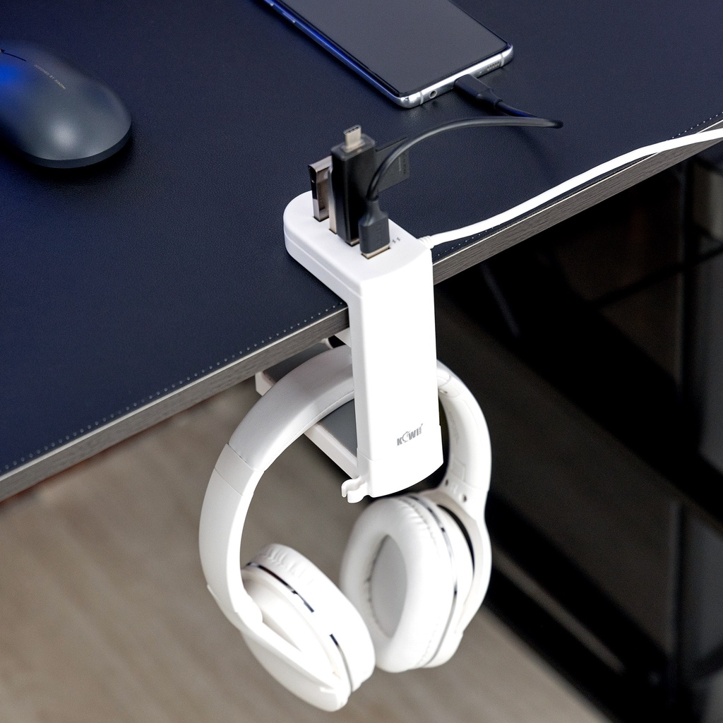 Kiwifotos Giá treo tai nghe với đế cắm USB 3.0 （Không phải để sạc, chỉ Đồng bộ hóa）, Móc xoay tai nghe chơi game có thể xoay 360 °, Giá đỡ để bàn cho tai nghe
