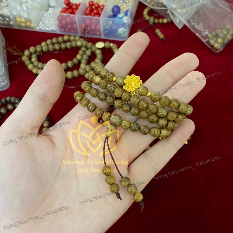 Chuỗi Trầm Hương Tốc 108 hạt mix Hoa Sen vàng - Vòng tay gỗ tự nhiên Nam Nữ
