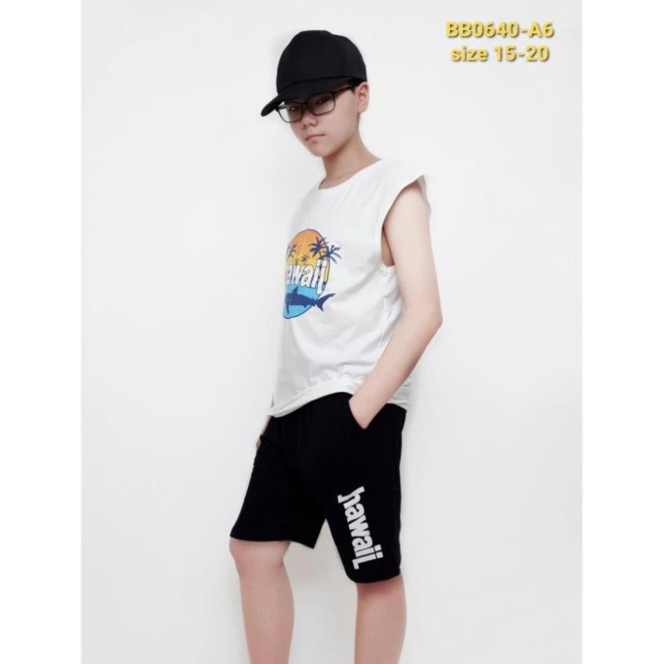 BB0640-A6 - Bộ bé trai cotton , sát nách , in chữ HAWAIL , màu trắng , size bự 15t-20t