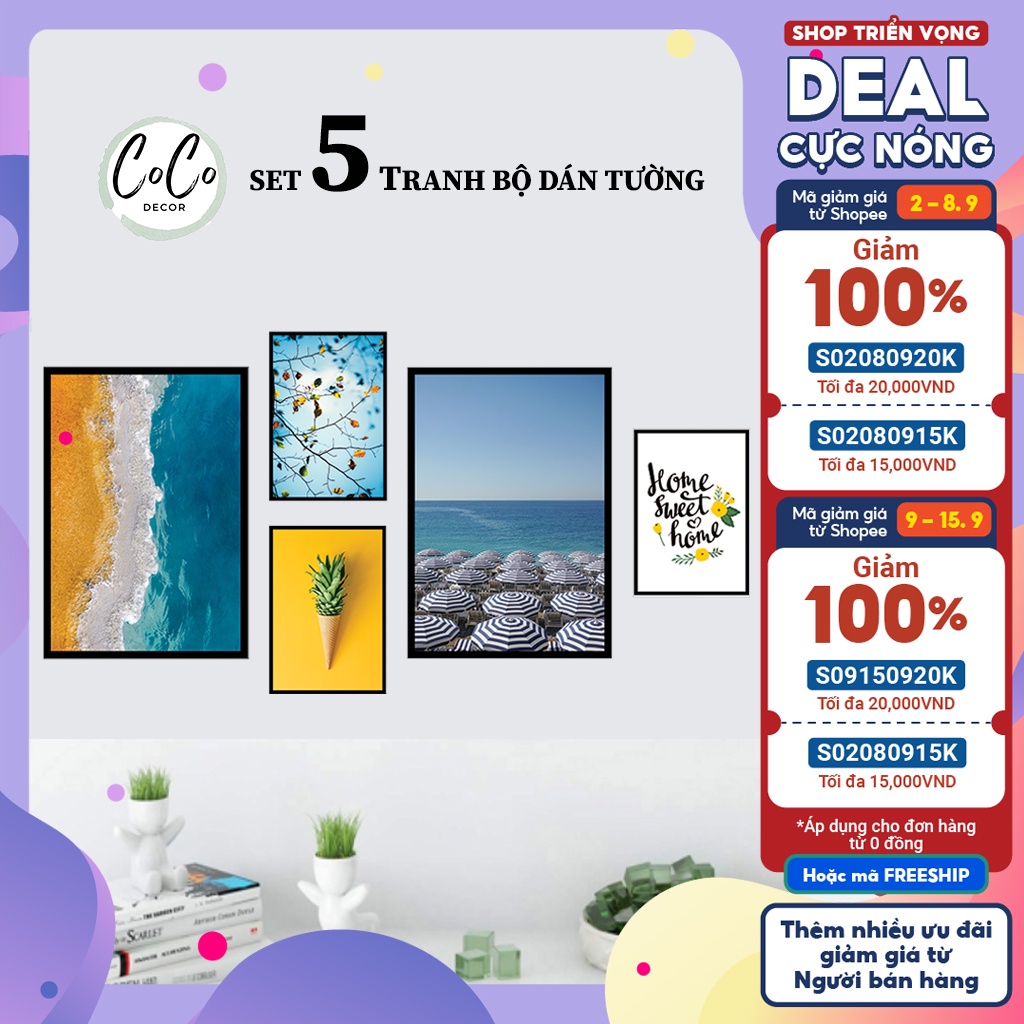 Tranh dán tường , tranh treo tường phòng ngủ , trang trí , decor - COCO - Bộ 5 BỨC LỚN - có sẵn keo 2 mặt.