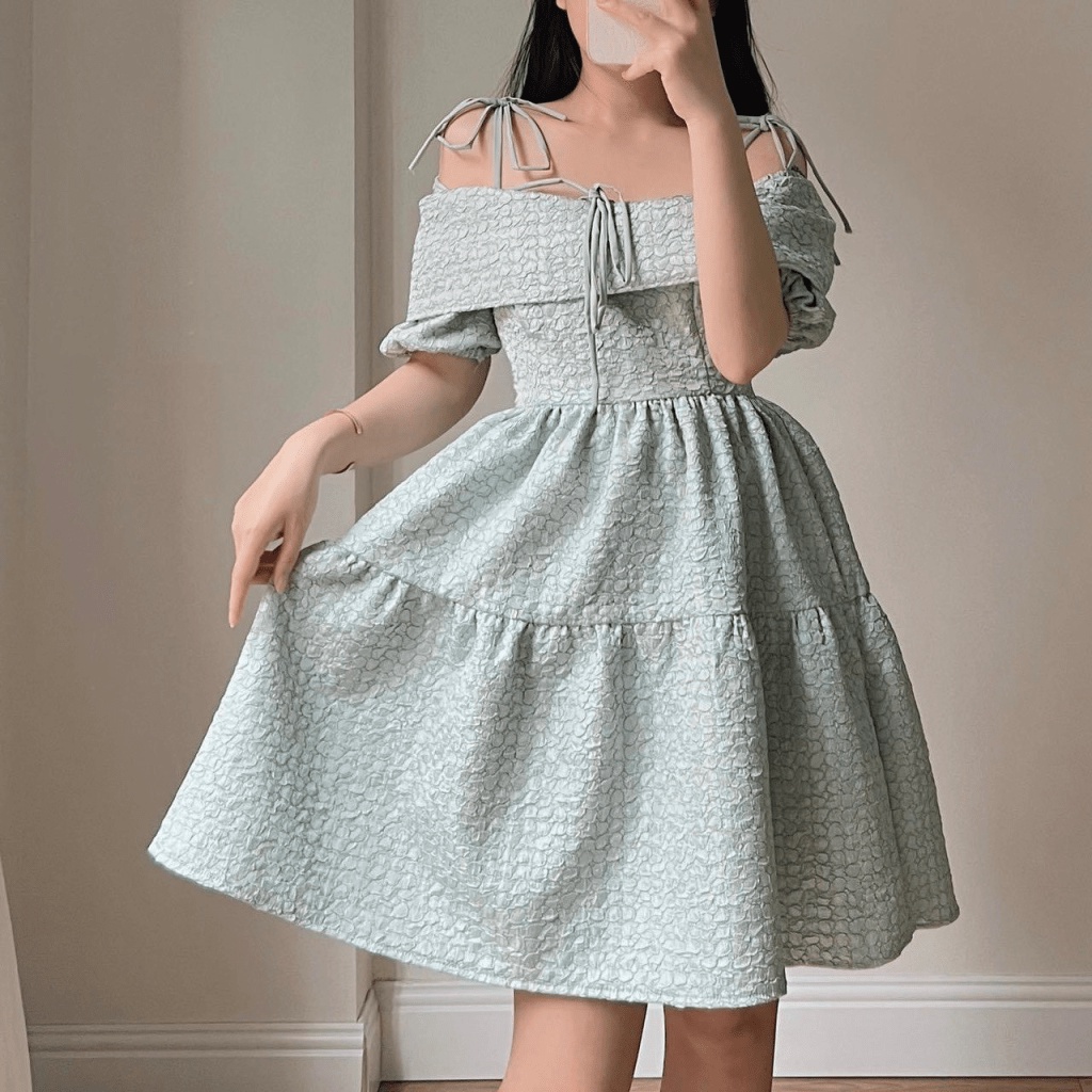 MẪU HOT ĐẦM XÒE NỮ BẸT VAI HÀNG THIẾT KẾ KIỂU CÔNG CHÚA CỰC HOT PU