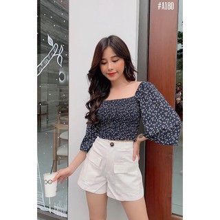 Áo crop top hoa chỉ nhún