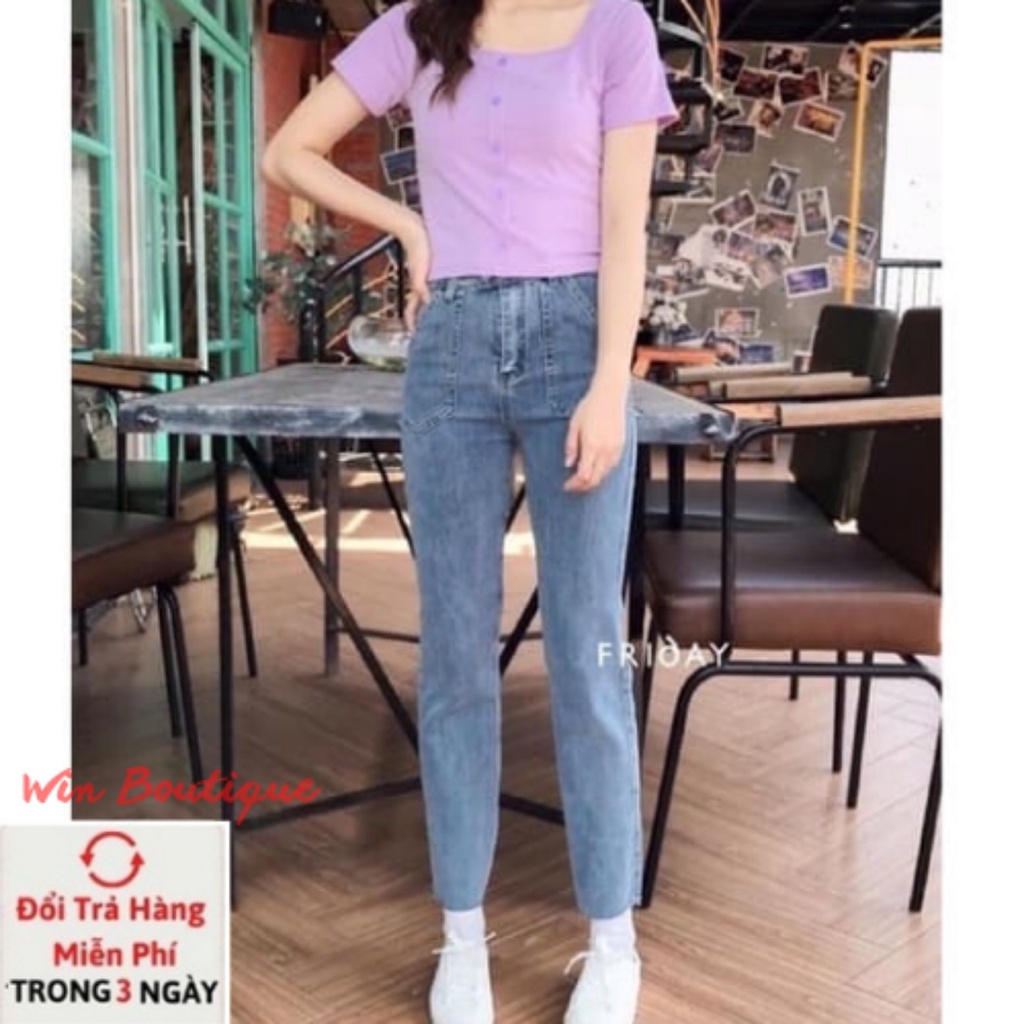 Quần jeans nữ ống đứng cạp cao túi nhọn 2 màu đậm nhạt co giãn kiểu dáng Hàn Quốc | BigBuy360 - bigbuy360.vn