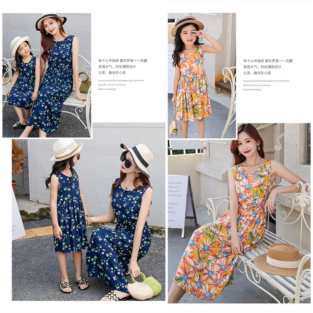 Đầm Cotton Dáng Dài Không Tay In Hoa Thời Trang Xuân Hè Dành Cho Mẹ Và Bé Size S-XL 110-160cm