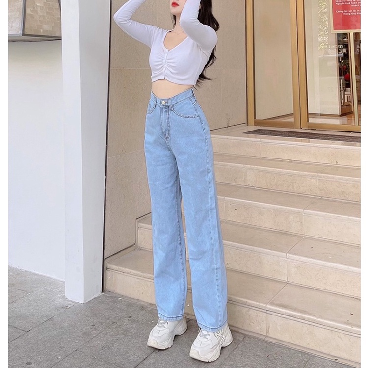Quần bò ống rộng nữ quần jean cạp cao tôn dáng màu xanh nhạt basic