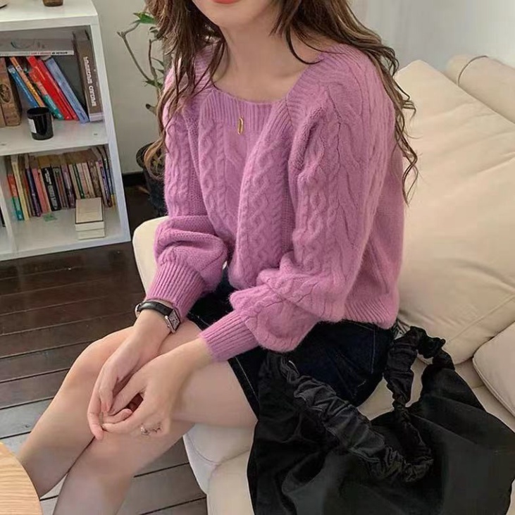 Aó len dệt kim áo len tăm tay dài cổ vuông vặn thừng chất dày dăn siêu ấm thời trang 2021 K5HO | BigBuy360 - bigbuy360.vn