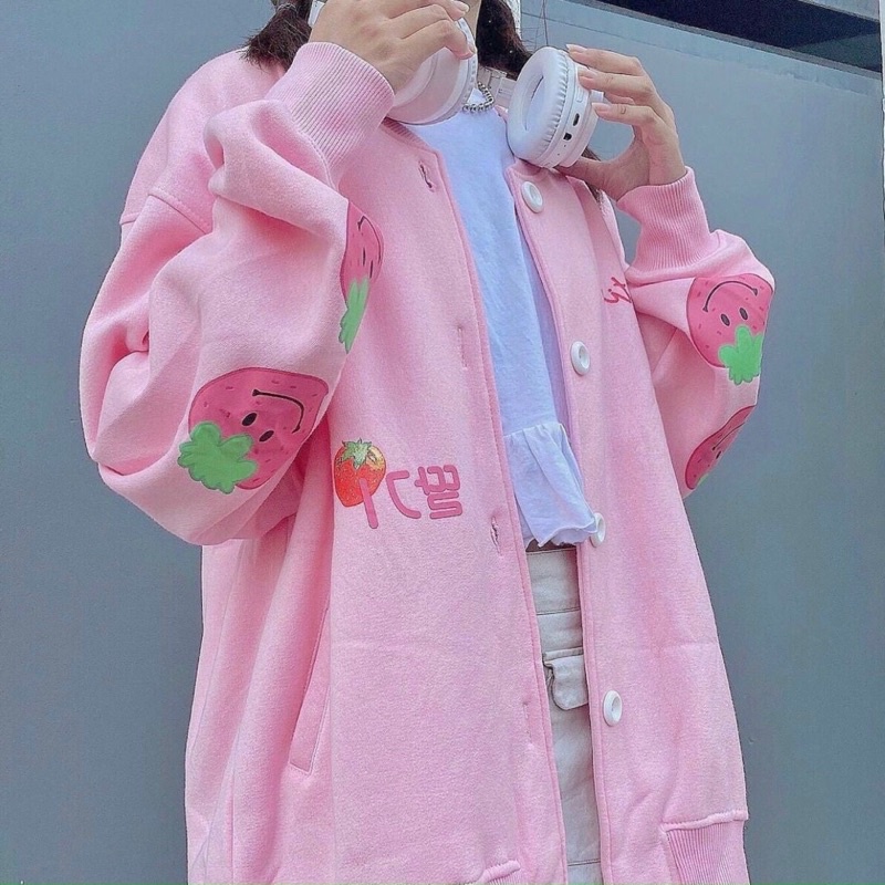 Áo Khoác Cardigan tay dài in hình trái Dâu Ulzzang màu hồng dâu