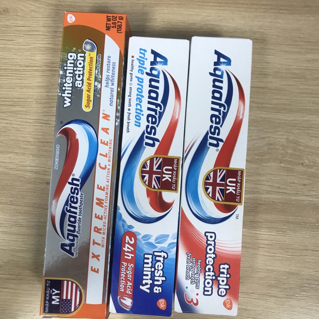KĐR AQUAFRESH Mỹ Kem đánh trắng răng Bạc Hà/Whitening Action/Triple Protection