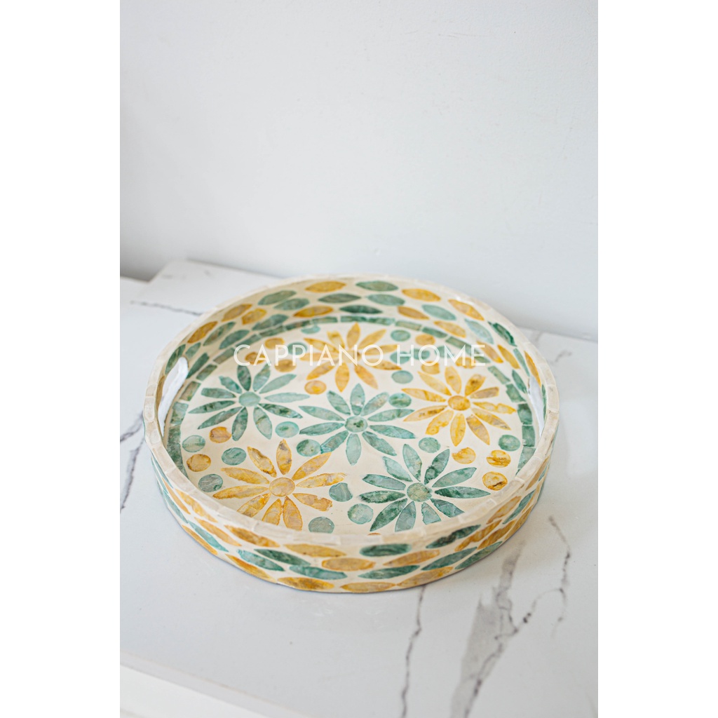 Đĩa khảm trai hoa văn, khay đựng đồ tay cầm tiện lợi | Cappiano home