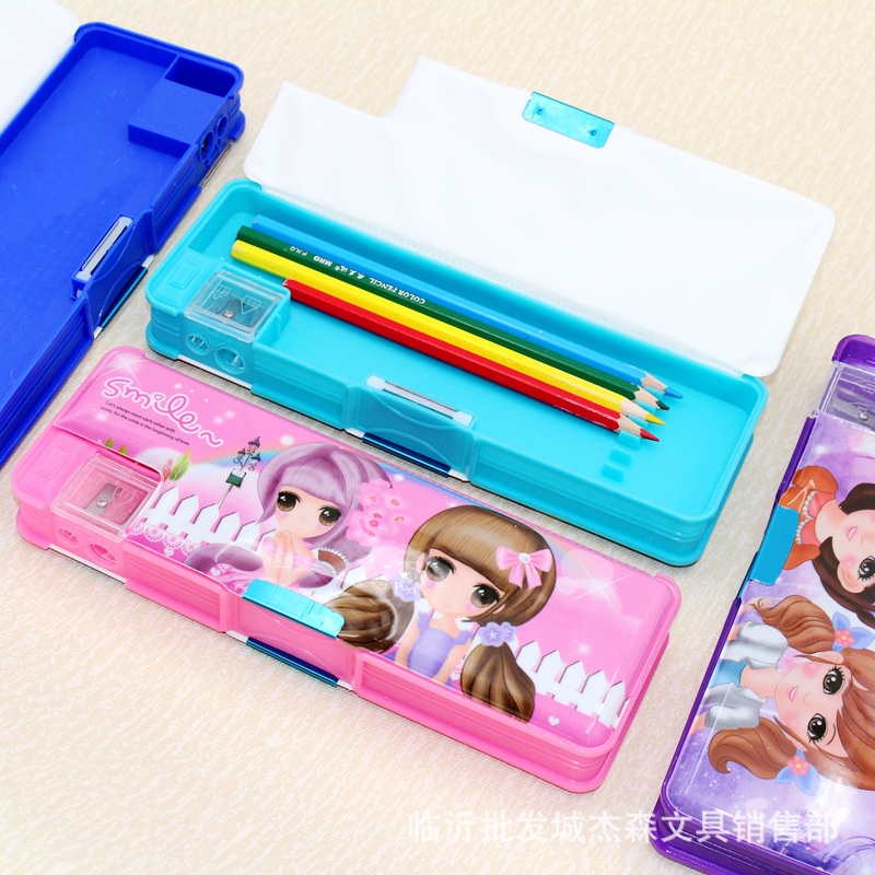 Hộp đựng bút nhựa các hình dễ thương_ 2 mặt có nam châm nhiều màu sắc