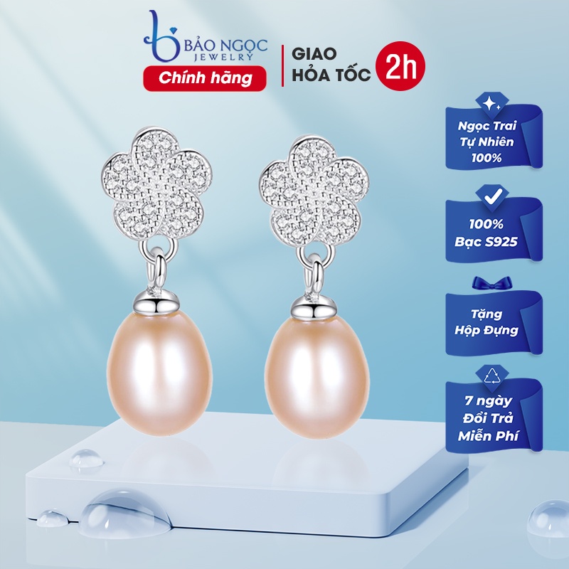Bông Tai Bạc Nữ S925 Thiết Kế Bông Hoa Dáng Thả Đính Hạt Ngọc Trai Thiên Nhiên B2347 - Bảo Ngọc Jewelry