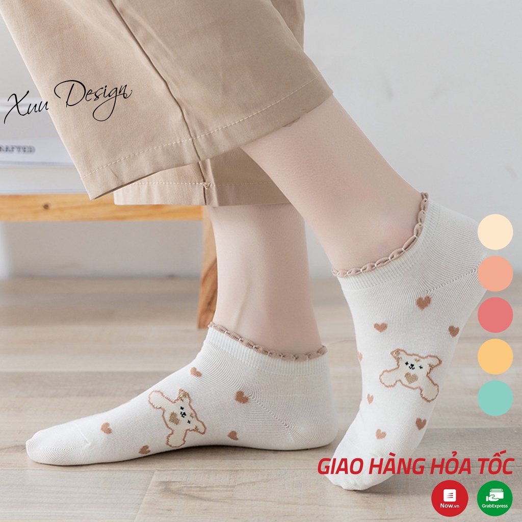 Tất nữ cổ ngắn XUU cổ viền bèo họa tiết gấu dễ thương vải cotton co dãn - T10