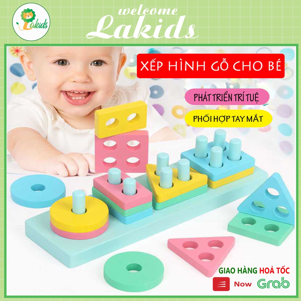 Bộ xếp hình montessori đồ chơi thả hình 4 trụ bằng gỗ cho bé Lakids