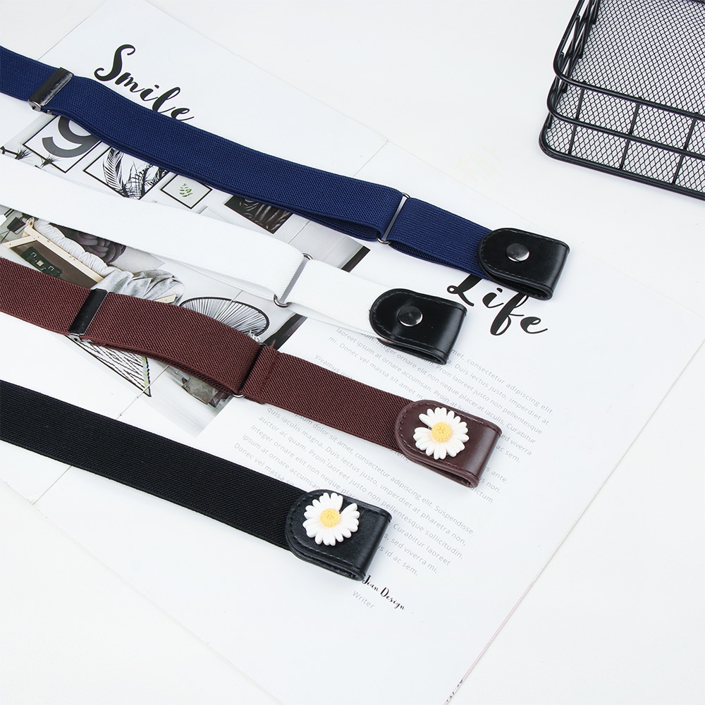 Thắt Lưng Da PU Co Giãn Không Khóa Hình Hoa Cúc Dành Cho Nam Nữ