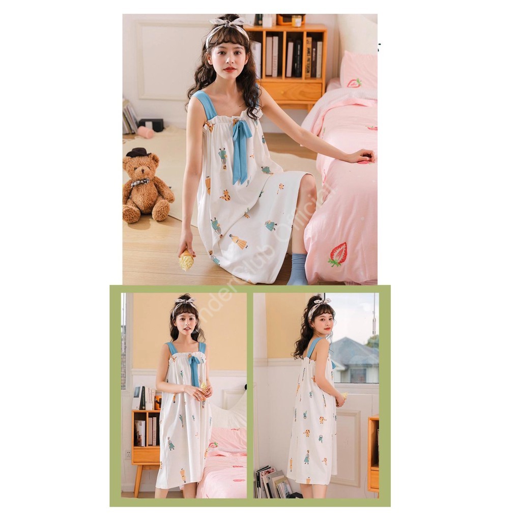 Váy Ngủ Hai Dây Dáng Suông Qua Gối, Đầm Ngủ Thun Cotton Kèm Nơ Nigma | BigBuy360 - bigbuy360.vn