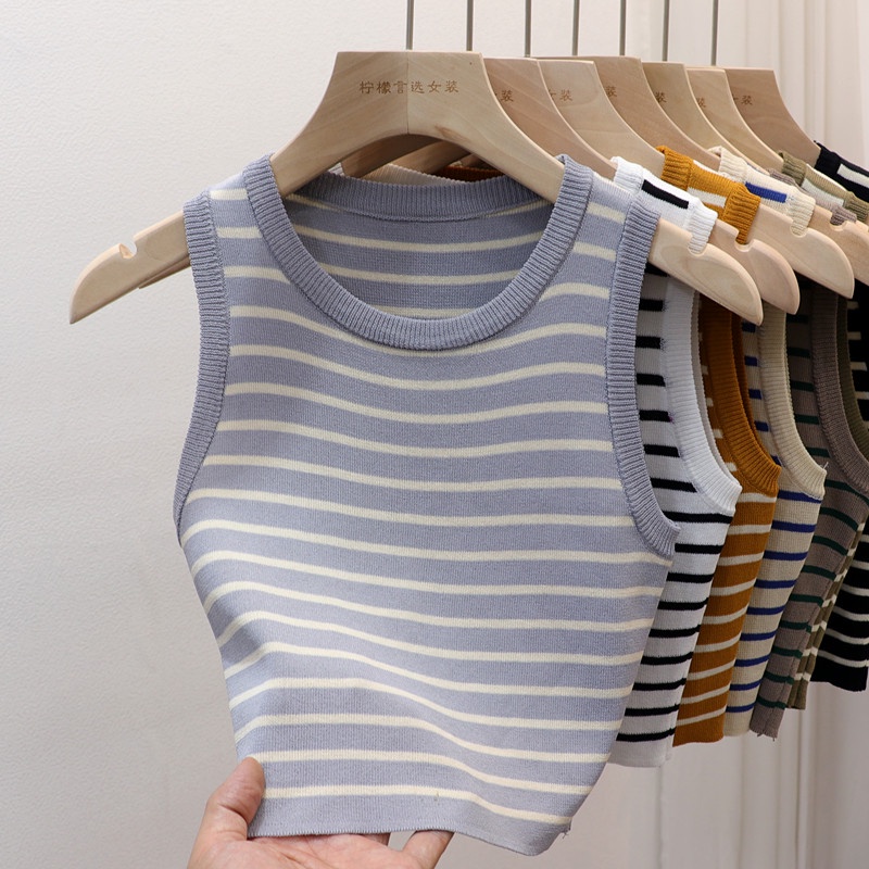 Korean Fashion Striped Crew Neck Knit Sleeveless Tank Top