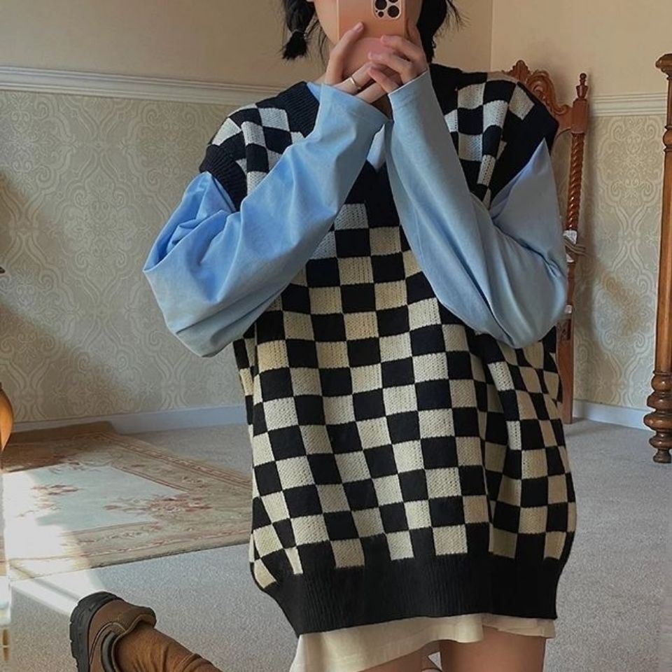 Áo khoác cardigan dệt kim dáng rộng kẻ sọc caro thời trang mùa xuân năm 2021 cho nữ