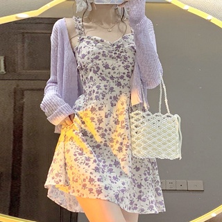 Đầm Hoa Hai Dây + Áo Khoác Cardigan Chống Nắng Dáng Ngắn Thời Trang Mùa Hè Cho Nữ