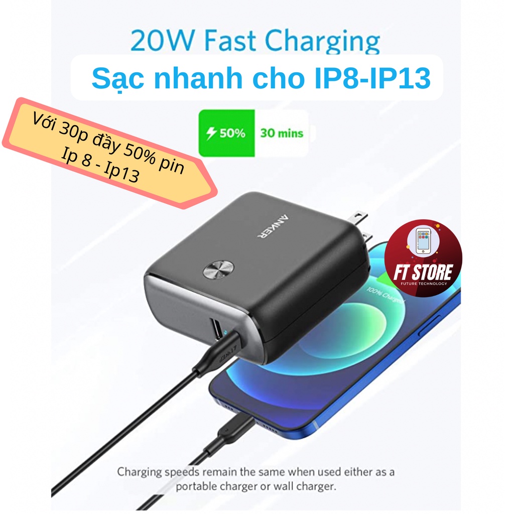 [GIAO HỎA TỐC]Củ Sạc Kiêm Pin Dự Phòng Anker Fusion 10.000mah - A1623, Sạc Nhanh PD20W dành Cho IP, QC 3.0 Android
