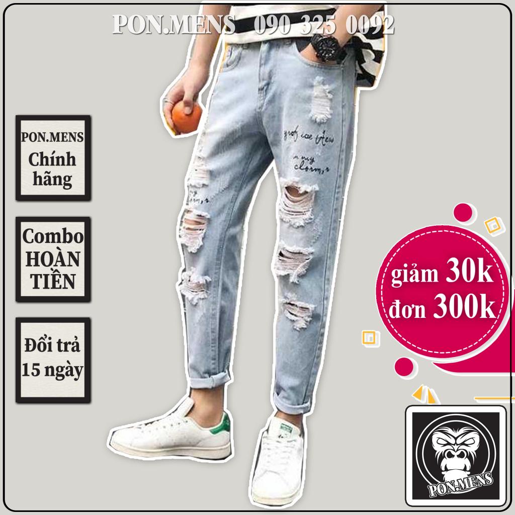 Quần jean rách nam nữ dáng baggy màu xanh in chữ nhạt Pon.mens