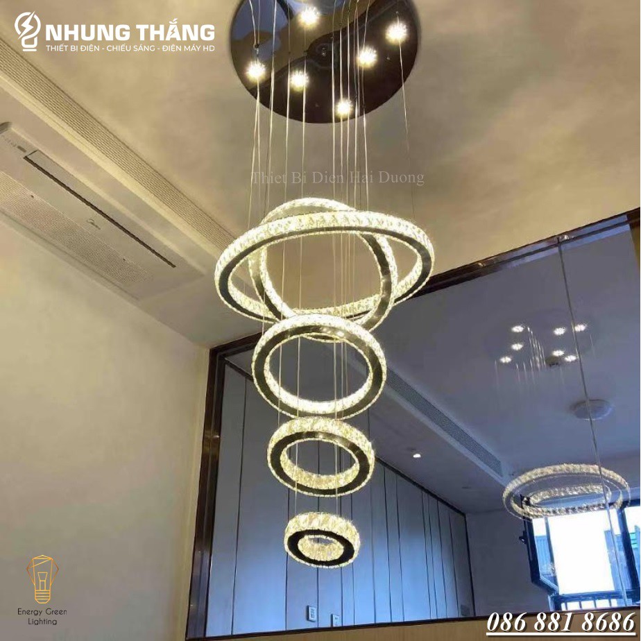 Đèn Thả Trần 5 Vòng Pha Lê CD-111 Decor Vintage - Đế Đèn Tích Hợp 10 Đèn Phát Sáng - Điều Khiển Từ Xa - Hẹn giờ Tắt