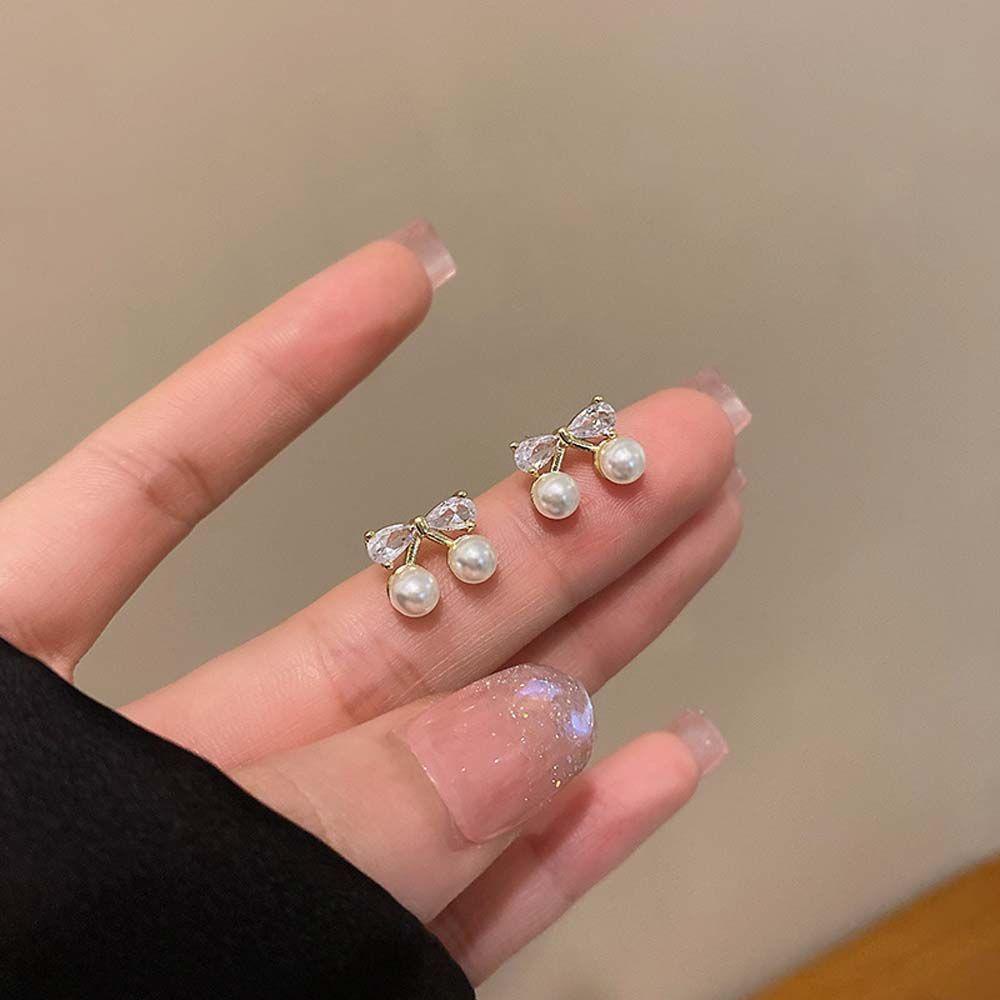 Khuyên Tai Móc Đính Ngọc Trai / Cherry Zircon Phong Cách Hàn Quốc Cho Nữ