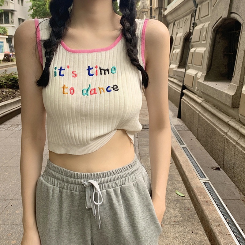 Áo Croptop Dệt Kim Không Tay Thêu Chữ Nhiều Màu Sắc Dễ Thương Cho Nữ