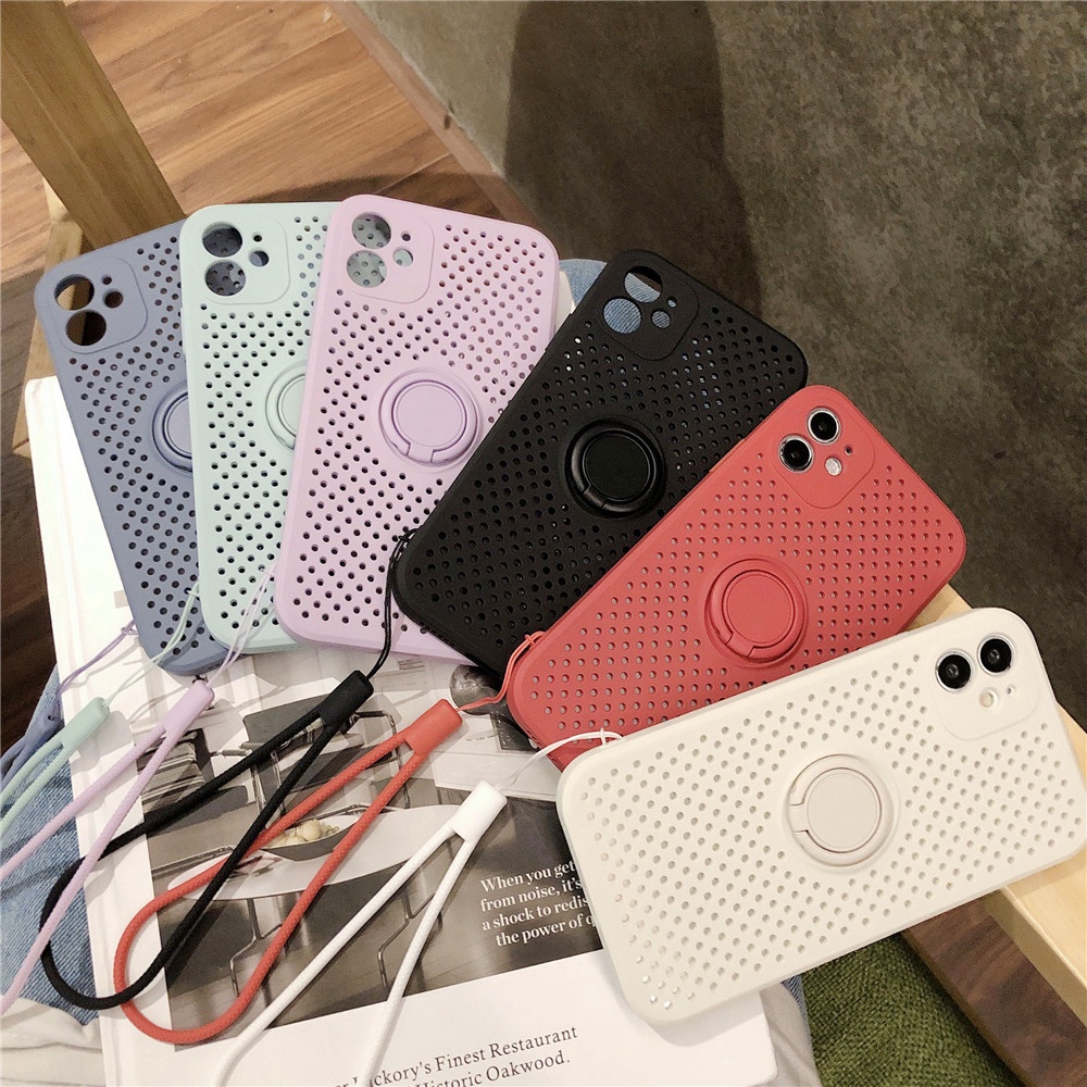 Liquid Silicone Ốp lưng iPhone 12 Soft Case Cover Lens Protect Heat Radiation Apple iPhone 12 Pro Max Soft Silicone Case With Holder+Strap iPhone12 mini iPhone11 Phone Case