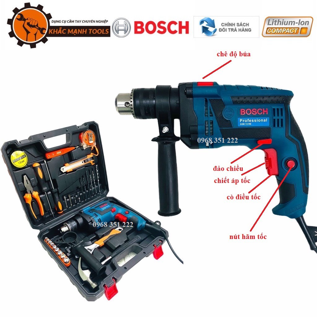 Bộ máy khoan Bosch 13mm có búa, đầy đủ đồ nghề