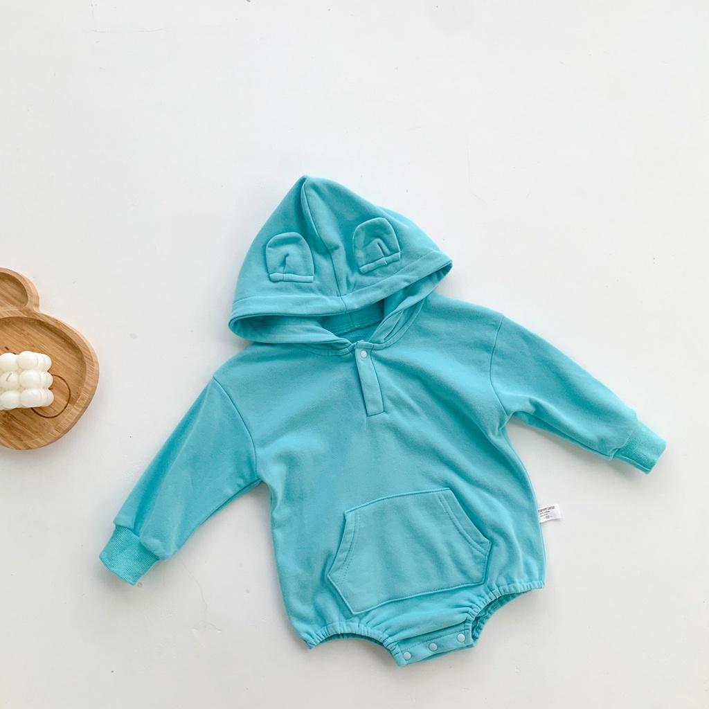 Áo liền quần tay dài thiết kế mũ trùm đầu kiểu tai gấu đáng yêu dành cho bé sơ sinh