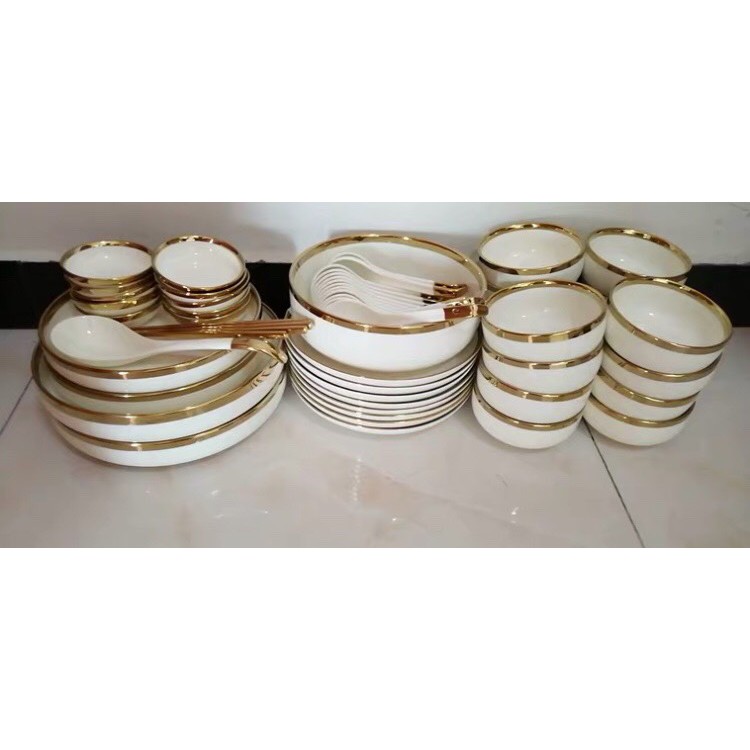 Bát đĩa trắng viền vàng, tô dĩa bằng sứ, bộ đồ bàn ăn: 6.40