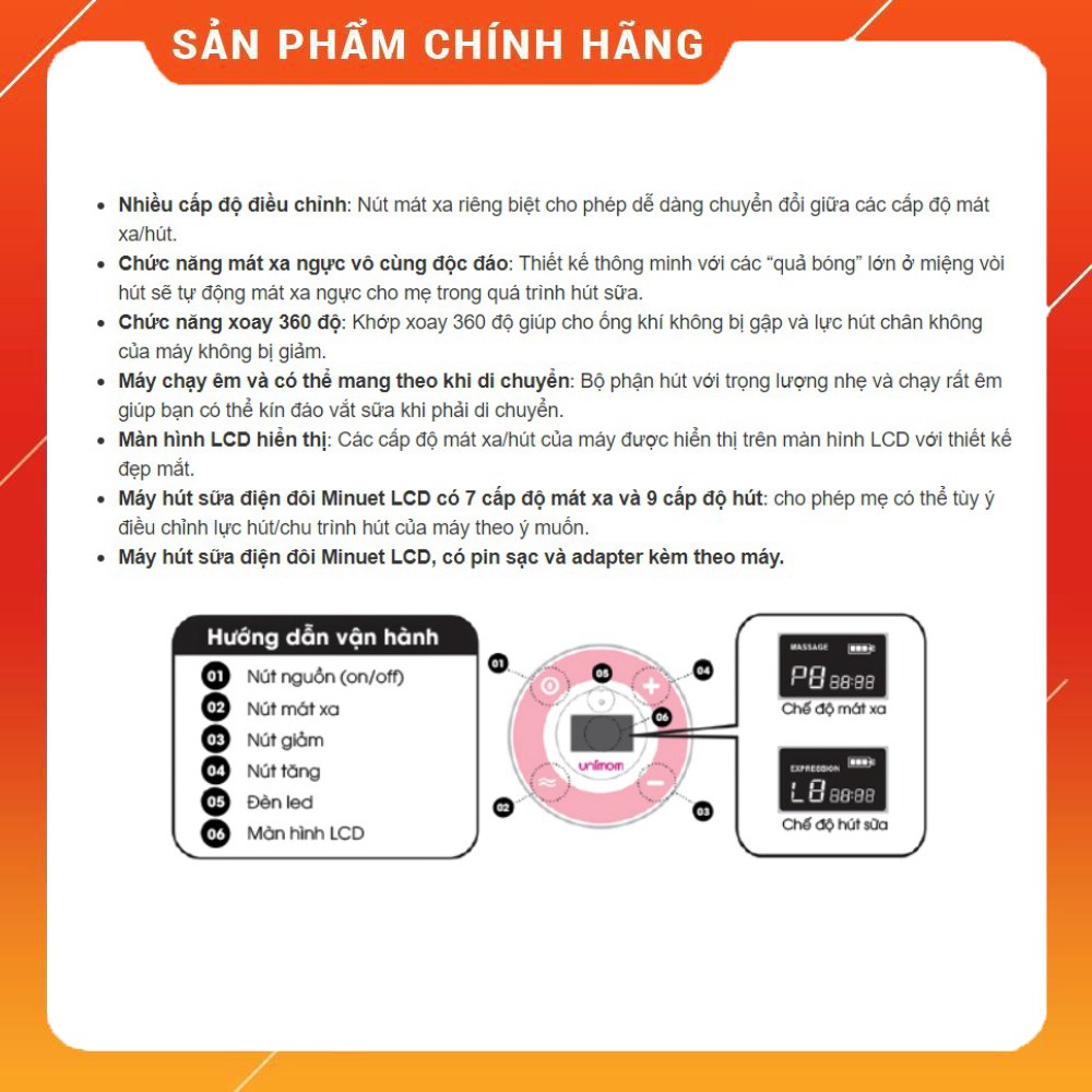 Máy hút sữa điện đôi Unimom Minuet màn hình LCD có pin sạc kèm adapter UM872019