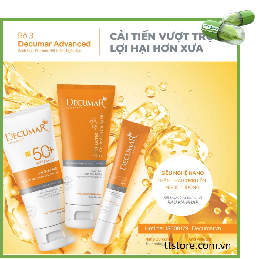 [NEW] Combo DECUMAR ADVANCED [Gel ngừa mụn, gel rửa mặt kiềm nhờn, kem chống nắng] (Decuma, advance]