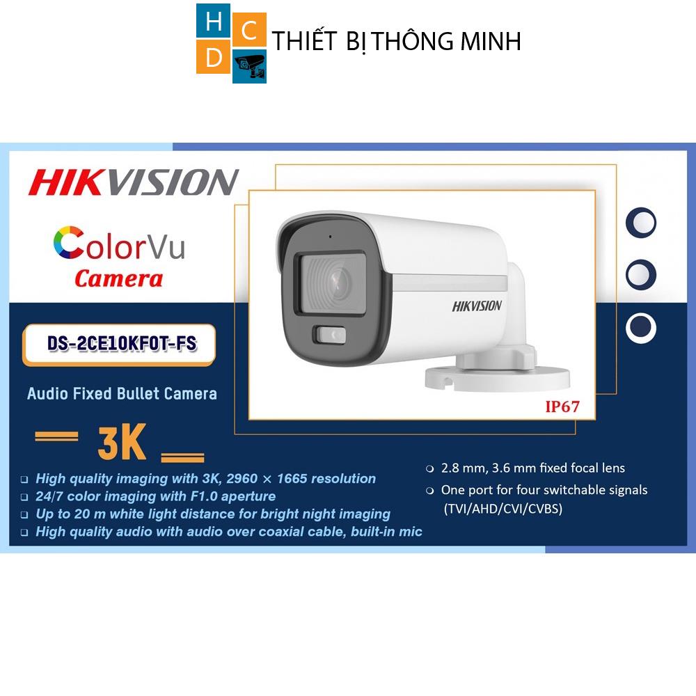Camera Hikvision 5mp/2K+ có màu ban đêm DS-2CE10KF0T-FS đèn trợ sáng 20m tích hợp mic vỏ kim loại