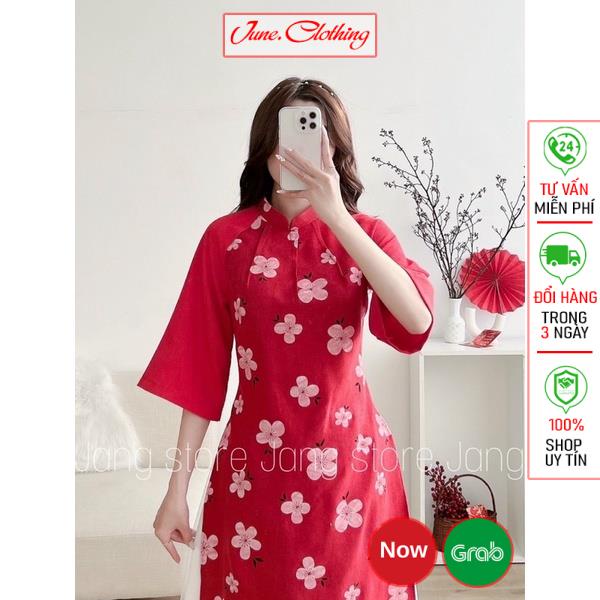Set áo dài cách tân hoa đào đón xuân June.Clothing Áo dài tết hoa đào kèm chân váy cực xinh