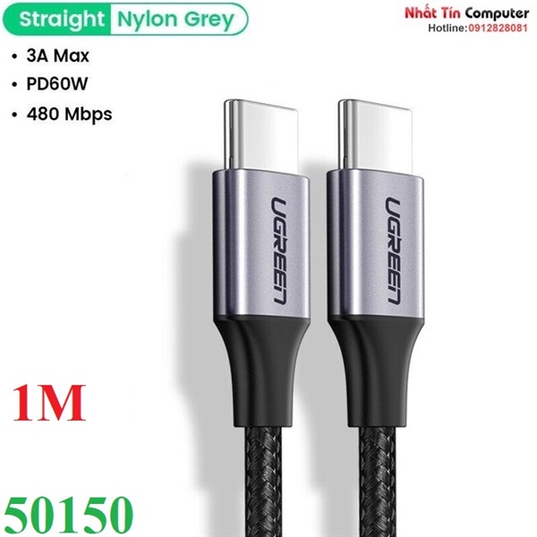 Cáp sạc nhanh 60W USB Type-C to Type-C dài 1M bọc nylon Ugreen 50150 cao cấp (dữ liệu)