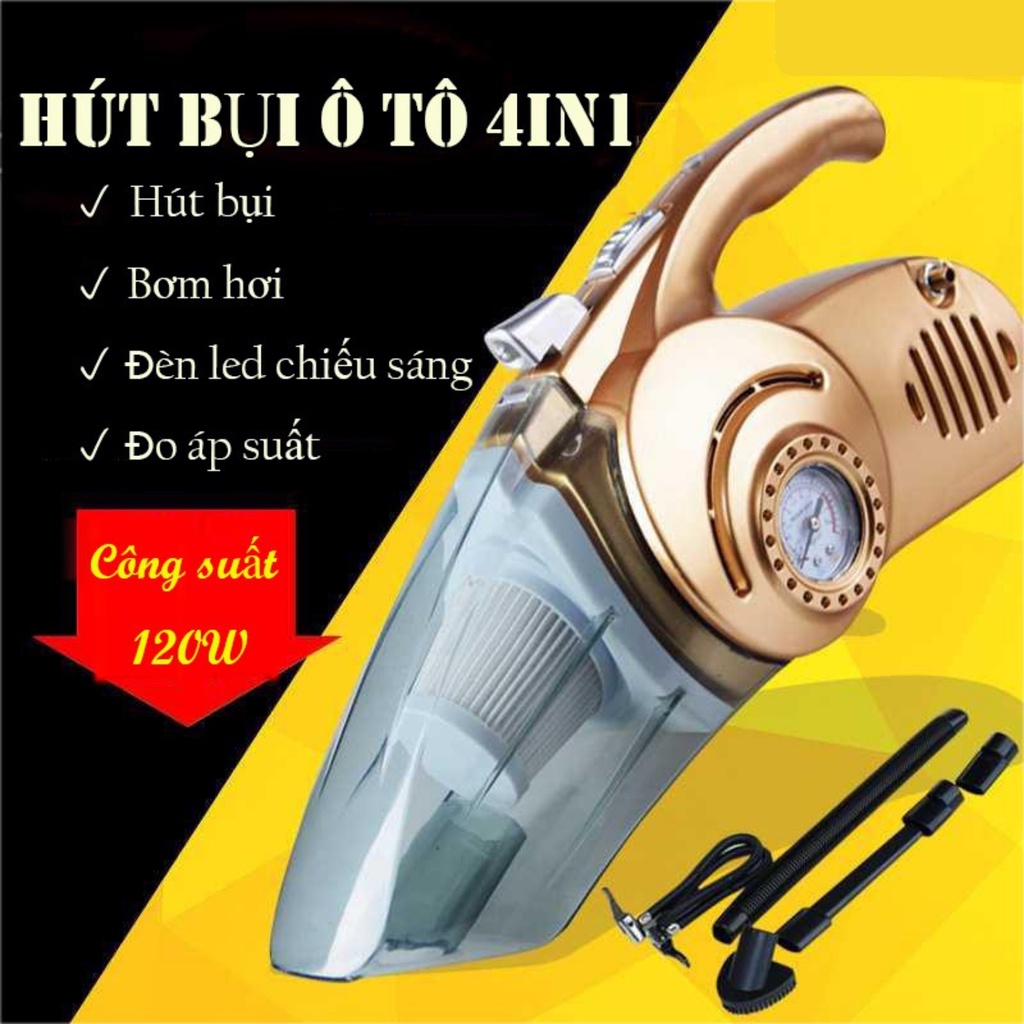 May Hut Bui Kết Hợp Bơm Lốp Ôtô, Máy Hút Bụi Mini Cao Cấp Đa Năng 4 in 1 Dành Cho Tất Cả Các Loại Xe Ô tô