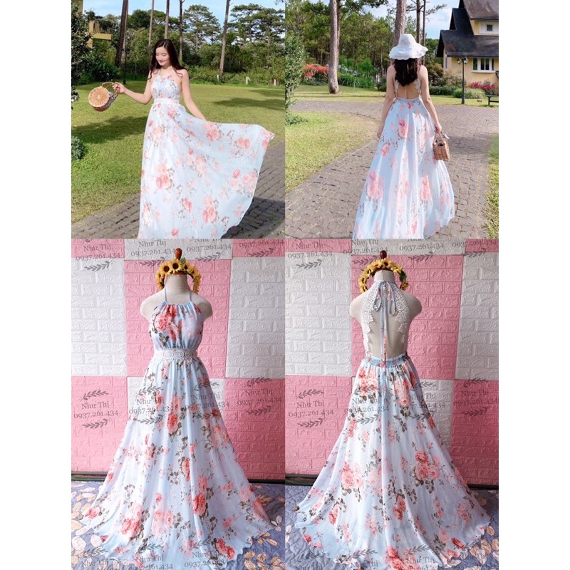 (miễn phí chỉnh váy) đầm maxi voan hoa yếm hở lưng váy xoè to đi biển du lịch chụp hình sống ảo thiết kế sang trọng
