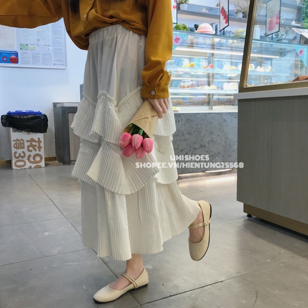 [NOWSHIP HN] Giày búp bê nữ ulzzang đẹp thời trang mũi tròn đế bệt da mềm đơn giản quai cài ngang màu đen/be mới xinh