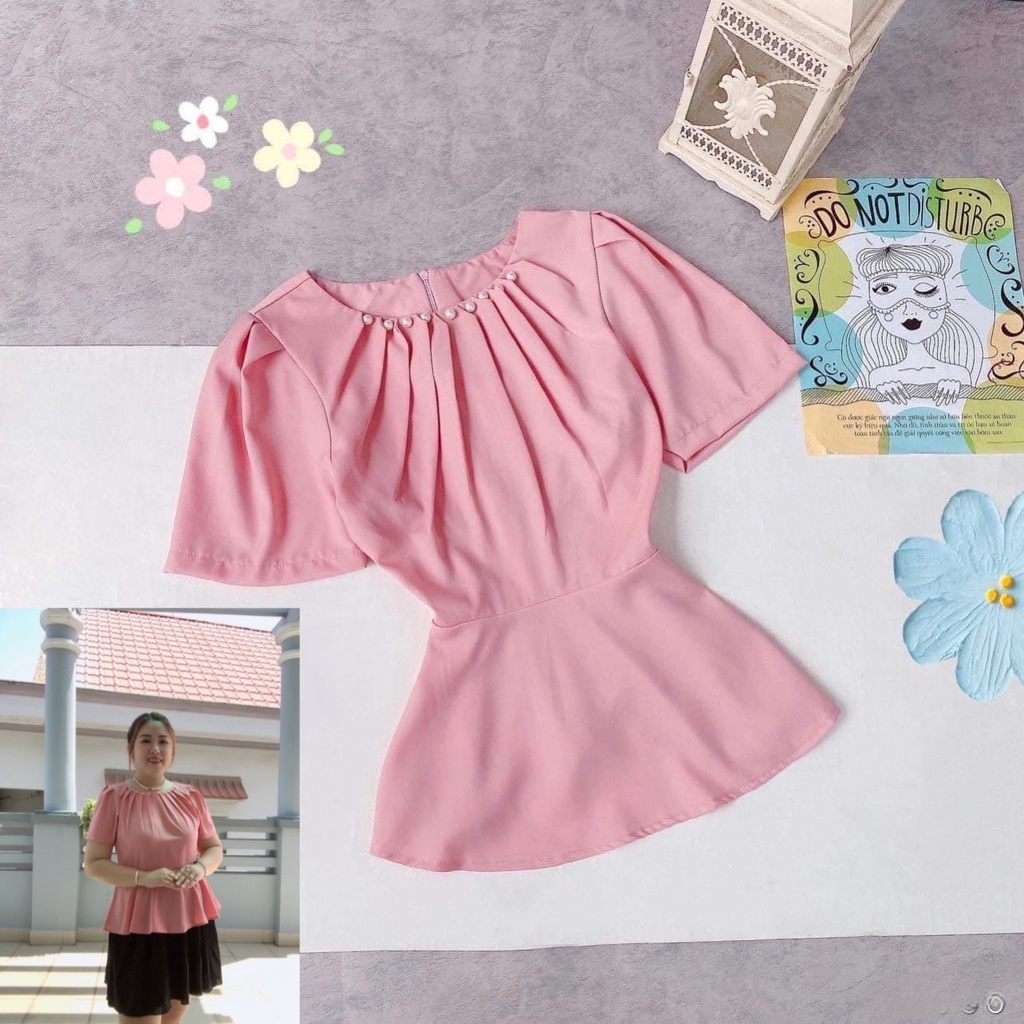 Áo sơ mi công sở nữ dáng peplum đính ngọc trai vải lụa ý