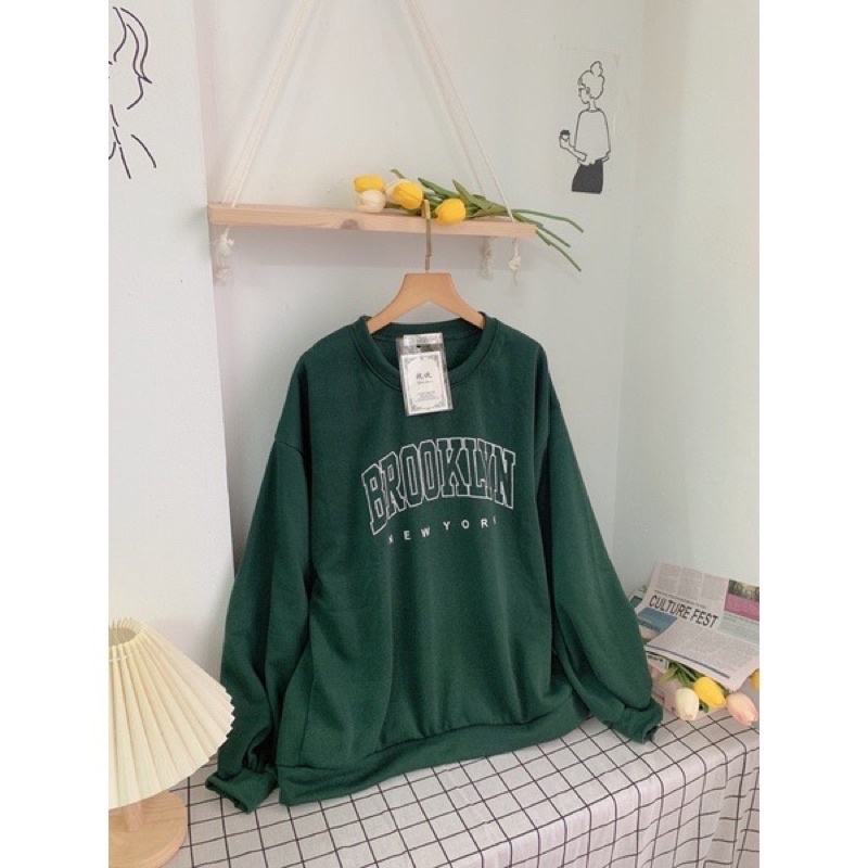 Áo Sweater chữ Ngực Màu xanh, Áo Nỉ Nữ BROOKLYN Cổ Tròn Form Rộng Tay Phồng Siêu xinh | BigBuy360 - bigbuy360.vn