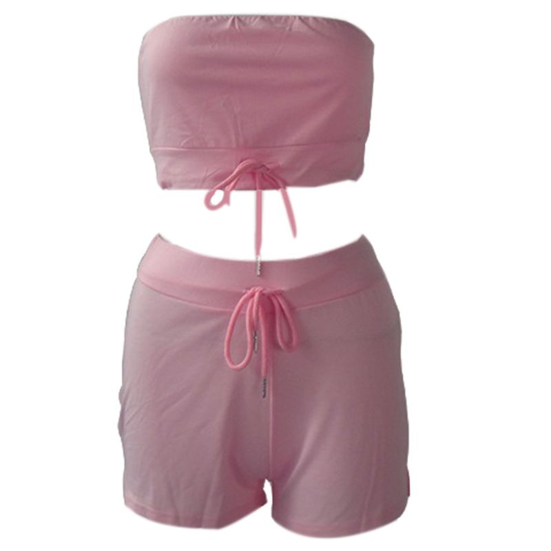 Bộ Trang Phục 2 Mảnh Gồm Áo Trễ Vai Và Quần Short Lưng Cao Màu Trơn Phối Dây Rút Thời Trang Quyến Rũ Cho Nữ