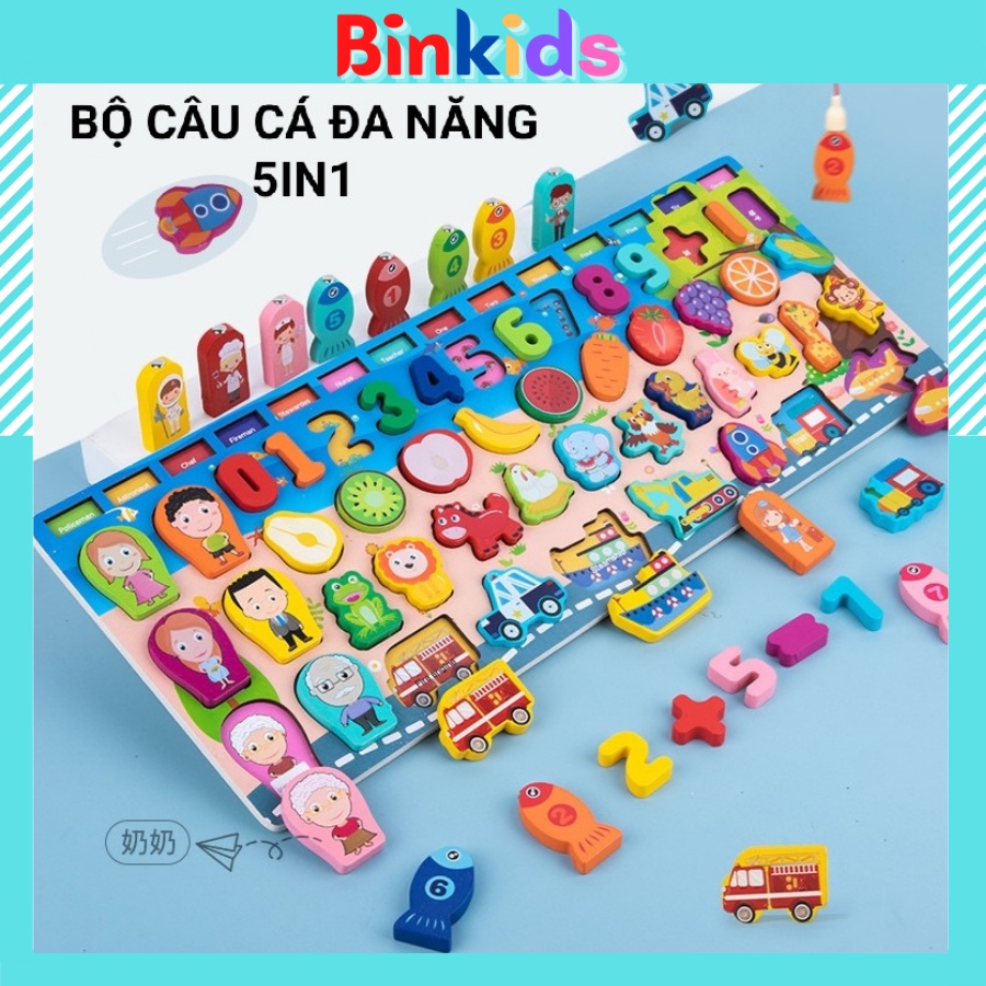 Bộ Bảng Gỗ Câu Cá Và Ghép Hình Học, Chữ Số, Chữ Cái, Phương Tiện cho bé