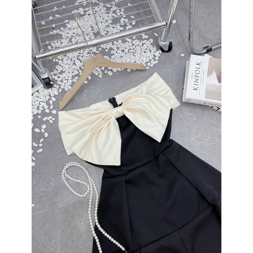 Đầm đi tiệc phối nơ to bản chất vải tapta dày dặn, đầm maxi trễ vai, đầm đi tiệc xẻ tà sang chảnh, váy xòe xẻ tà