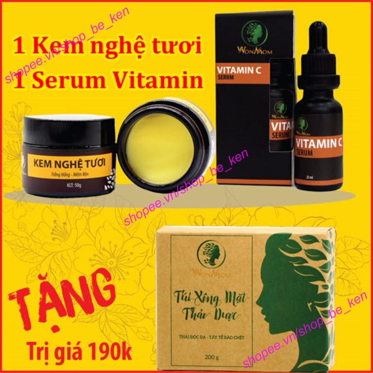 (Tặng 1 Túi xông mặt) COMBO giảm thâm dưỡng da trắng mịn Wonmom (1 Kem nghệ tươi + 1 Serum Vitamin C)