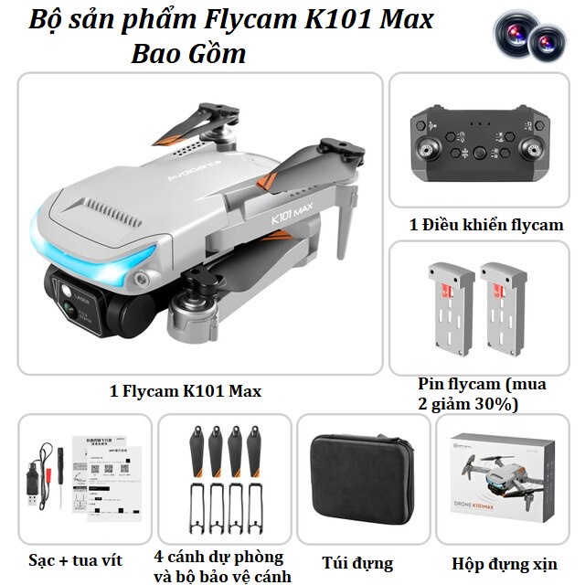 Plycam giá rẻ mini K101 MAX, cảm biến 3 chiều tránh vật cản, Flycam mini giá rẻ camera HD quay phim chụp ảnh trên không