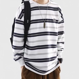 Áo Sweater tay dài dáng rộng kẻ sọc kiểu Hàn Quốc thời trang cho nam