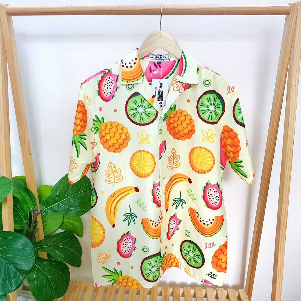 Áo Sơ Mi Họa Tiết Đi Biển Trái Cây Nam Nữ Unisex tay ngắn, chất lụa gân dày đẹp. hàng thiết Kế Mr.Smile 99 Shop